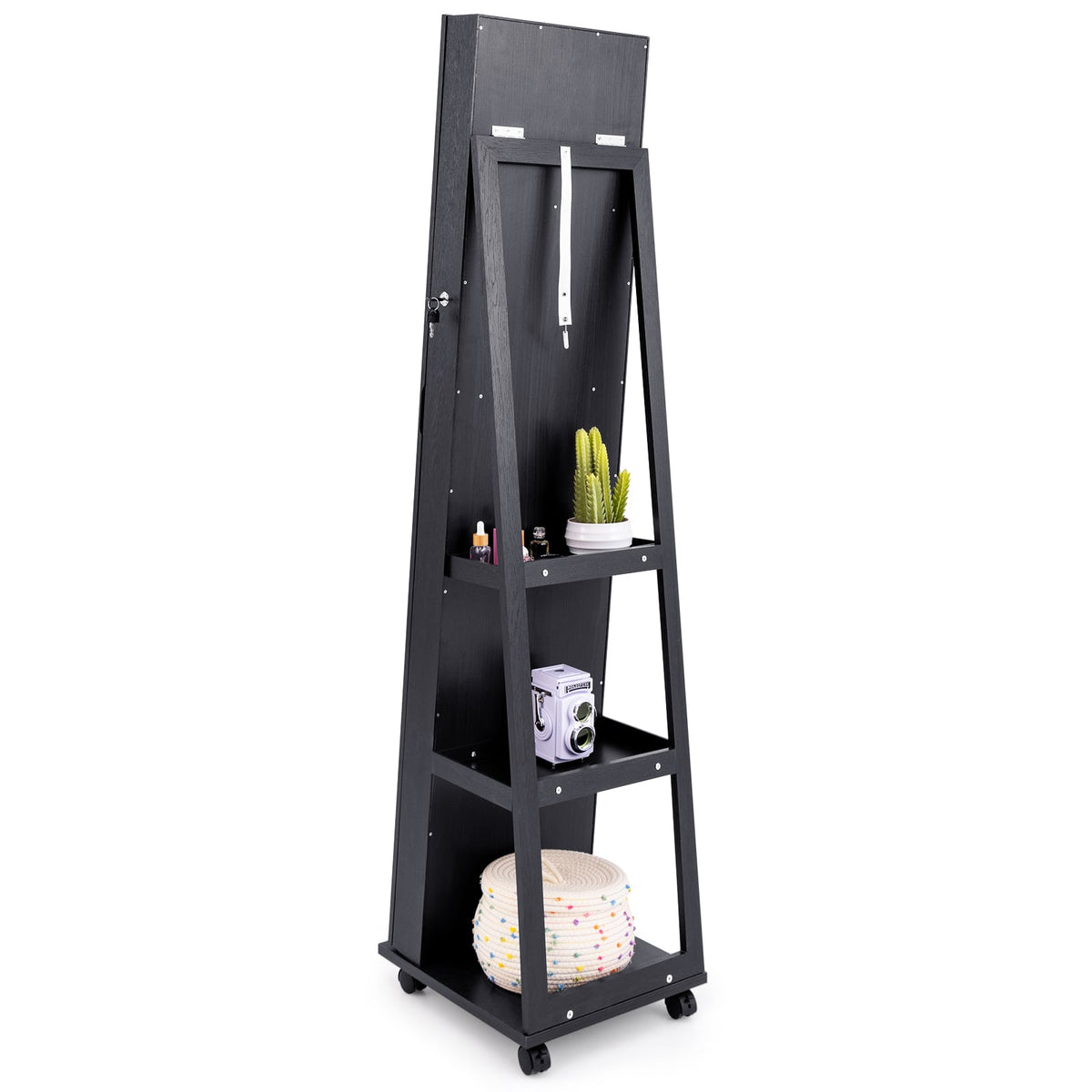 64 Inches Lockable Jewelry Cabinet Armoire with Built-in Makeup Mirror-Black-Jewelry Armoires-DECOROLALA