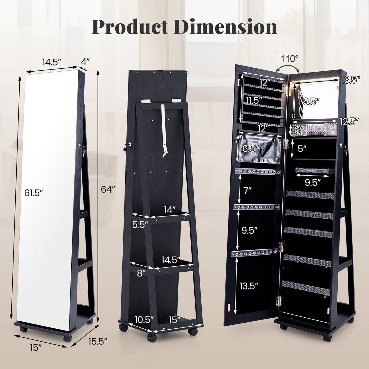 64 Inches Lockable Jewelry Cabinet Armoire with Built-in Makeup Mirror-Black-Jewelry Armoires-DECOROLALA