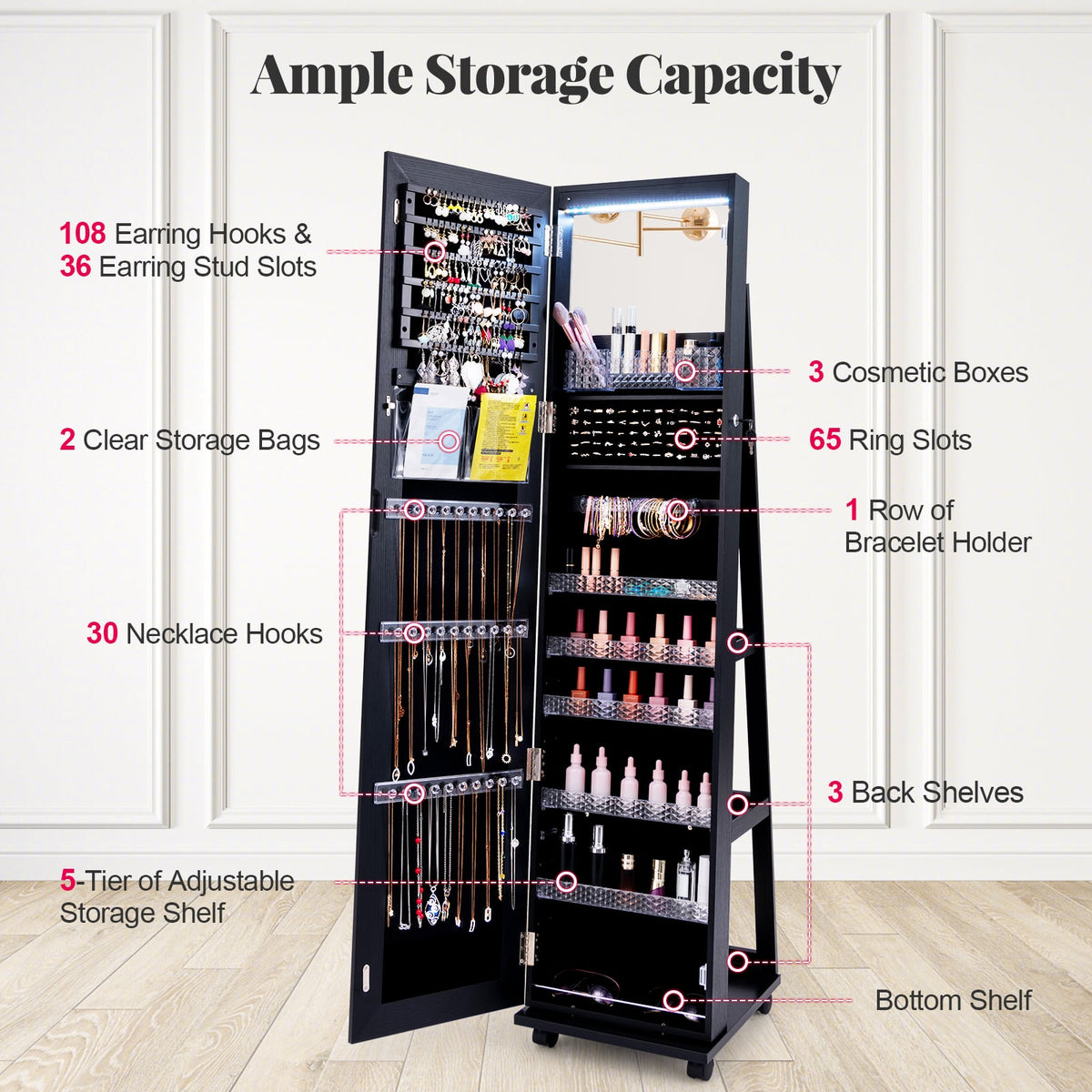 64 Inches Lockable Jewelry Cabinet Armoire with Built-in Makeup Mirror-Black-Jewelry Armoires-DECOROLALA