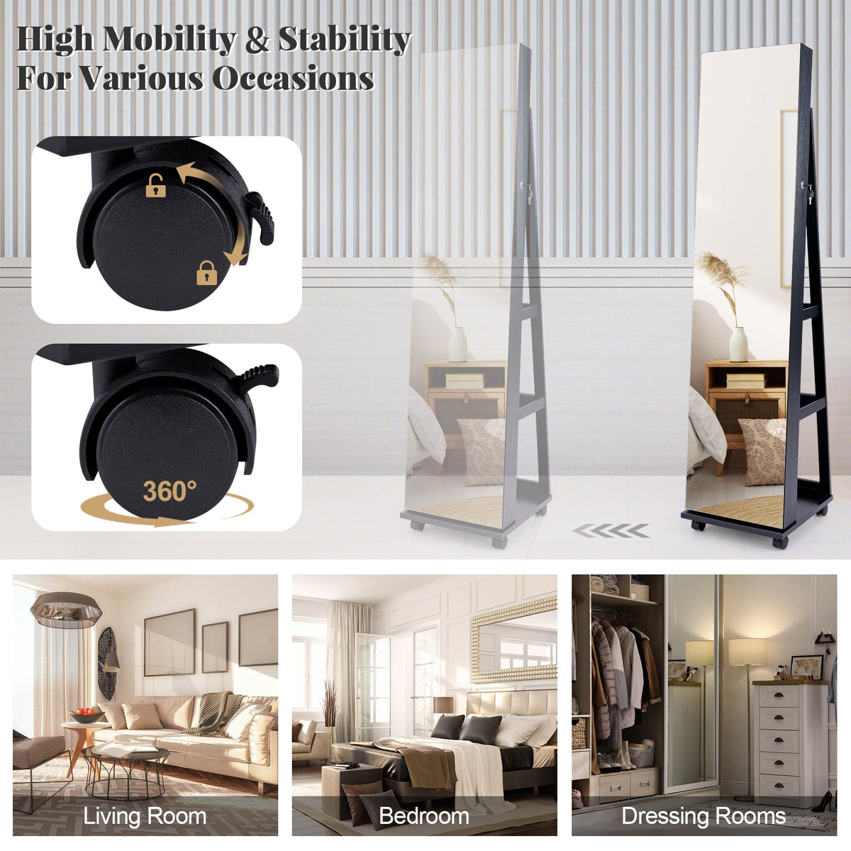 64 Inches Lockable Jewelry Cabinet Armoire with Built-in Makeup Mirror-Black-Jewelry Armoires-DECOROLALA