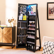 64 Inches Lockable Jewelry Cabinet Armoire with Built-in Makeup Mirror-Black-Jewelry Armoires-DECOROLALA