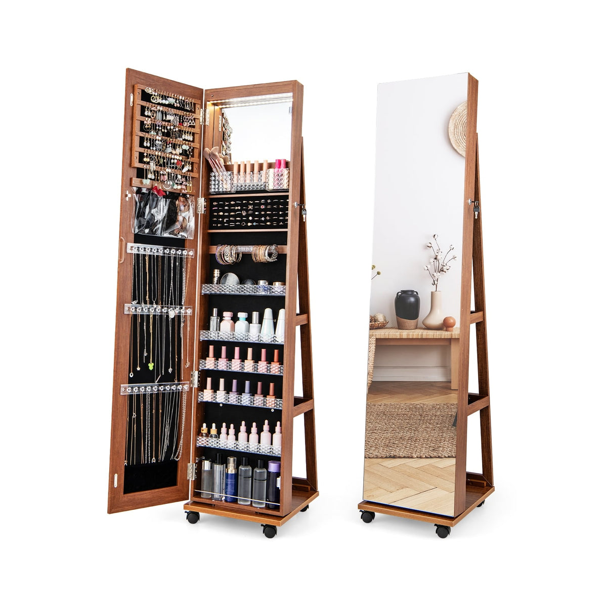 64 Inches Lockable Jewelry Cabinet Armoire with Built-in Makeup Mirror-Brown-Jewelry Armoires-DECOROLALA