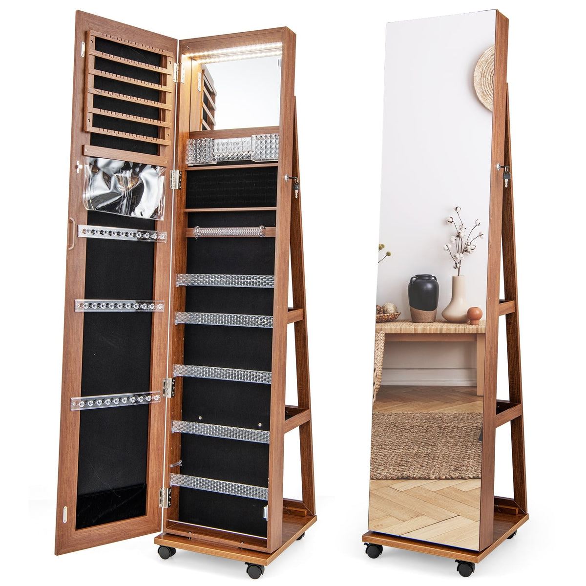 64 Inches Lockable Jewelry Cabinet Armoire with Built-in Makeup Mirror-Brown-Jewelry Armoires-DECOROLALA