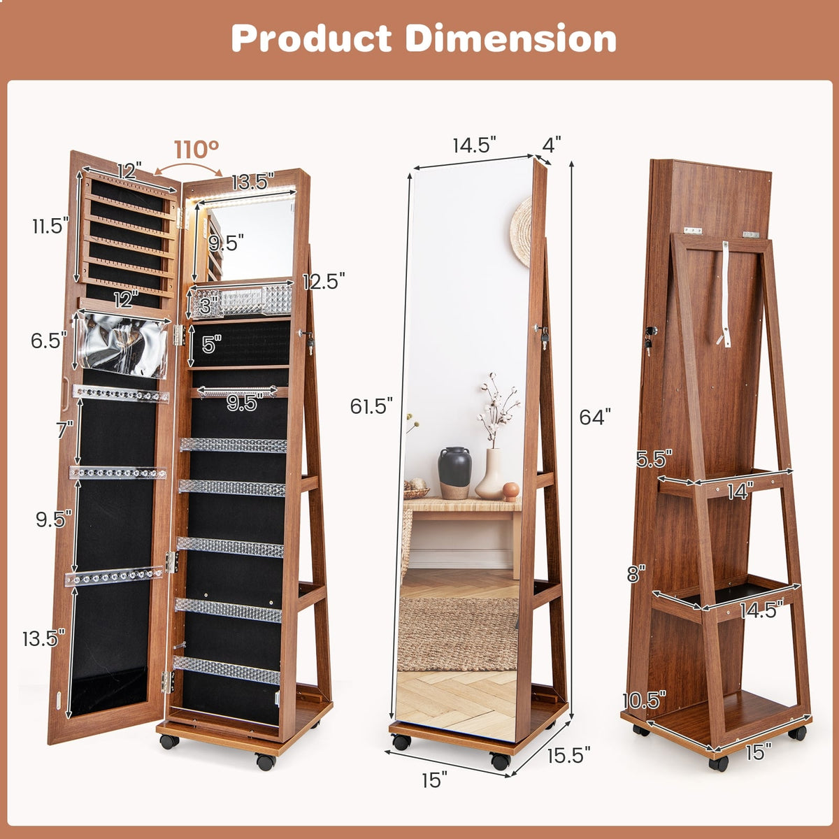64 Inches Lockable Jewelry Cabinet Armoire with Built-in Makeup Mirror-Brown-Jewelry Armoires-DECOROLALA
