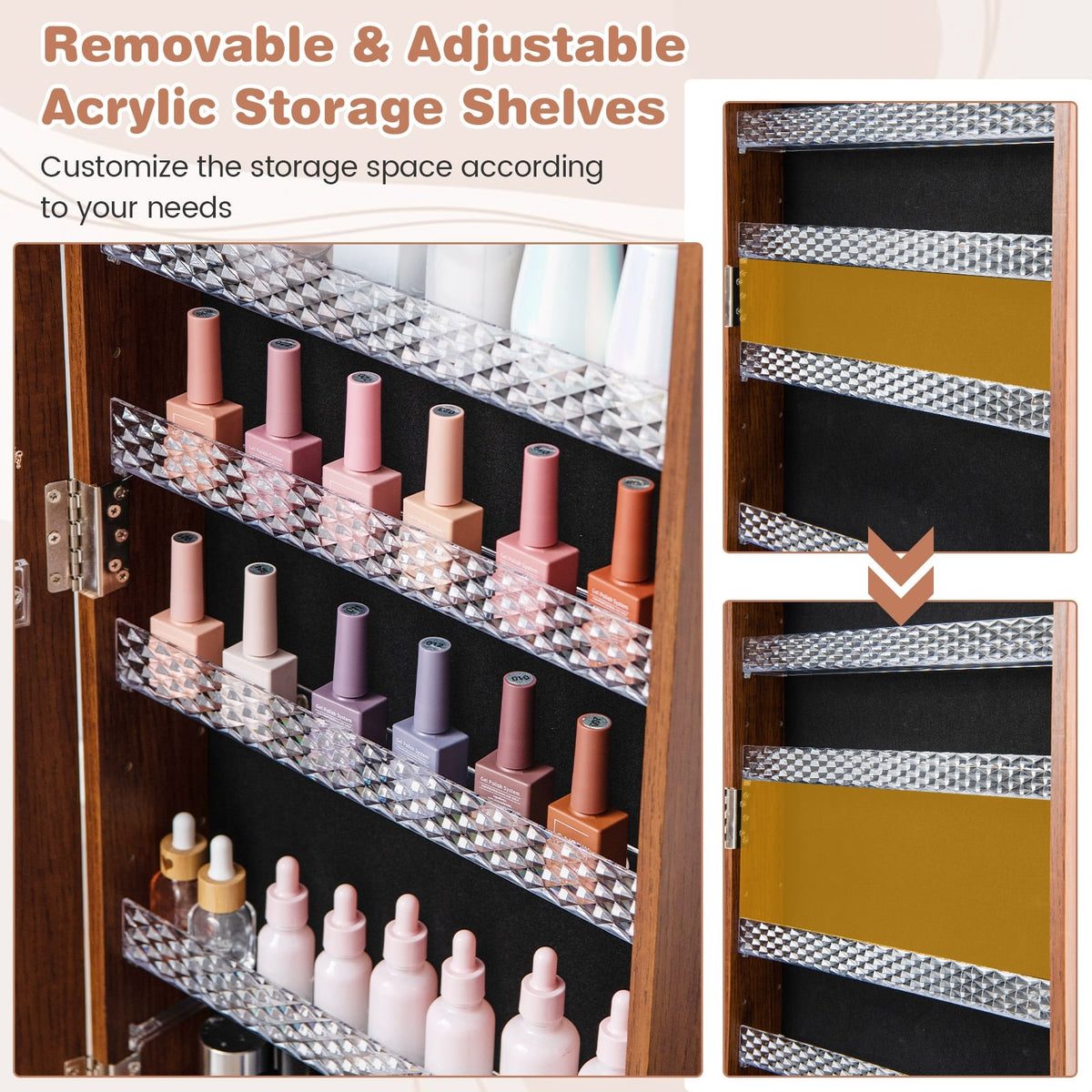 64 Inches Lockable Jewelry Cabinet Armoire with Built-in Makeup Mirror-Brown-Jewelry Armoires-DECOROLALA