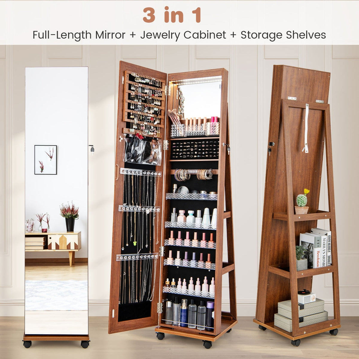 64 Inches Lockable Jewelry Cabinet Armoire with Built-in Makeup Mirror-Brown-Jewelry Armoires-DECOROLALA