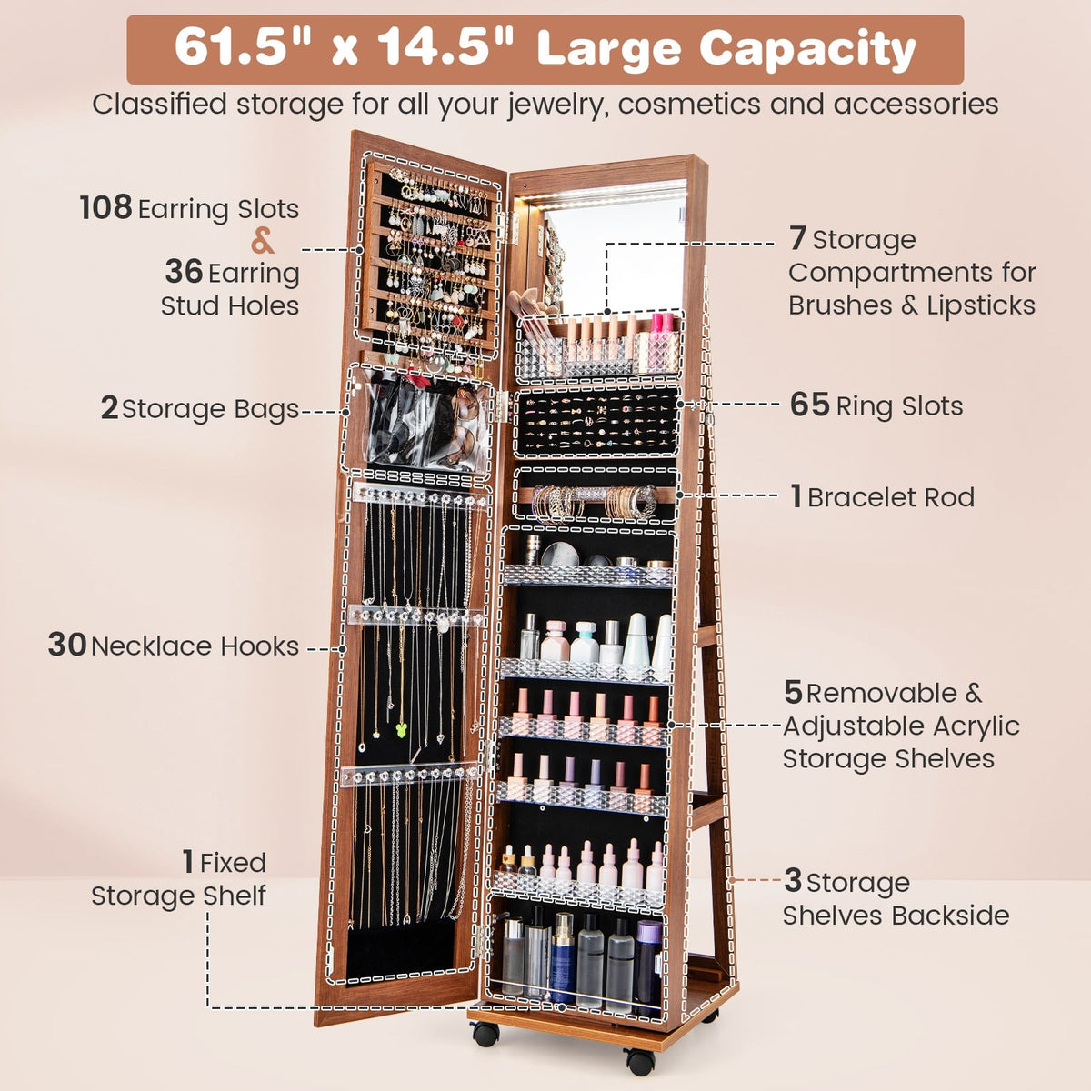 64 Inches Lockable Jewelry Cabinet Armoire with Built-in Makeup Mirror-Brown-Jewelry Armoires-DECOROLALA