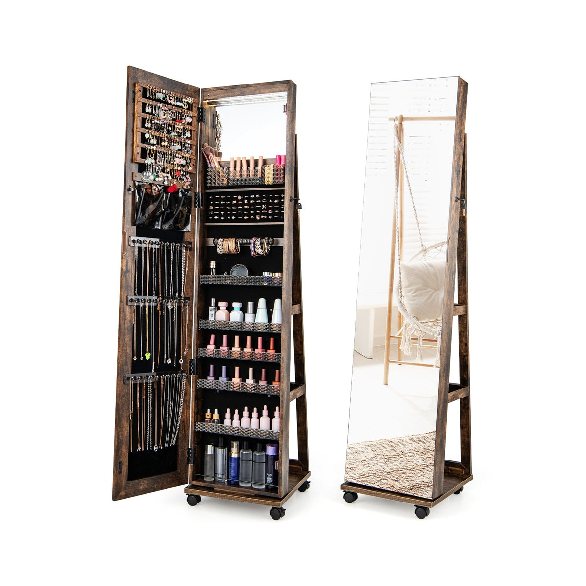 64 Inches Lockable Jewelry Cabinet Armoire with Built-in Makeup Mirror-Coffee-Jewelry Armoires-DECOROLALA