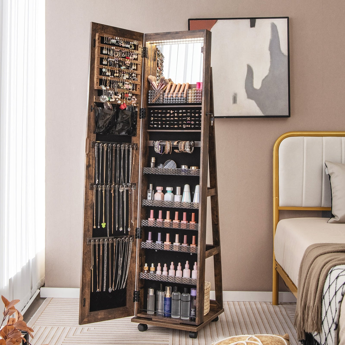 64 Inches Lockable Jewelry Cabinet Armoire with Built-in Makeup Mirror-Coffee-Jewelry Armoires-DECOROLALA