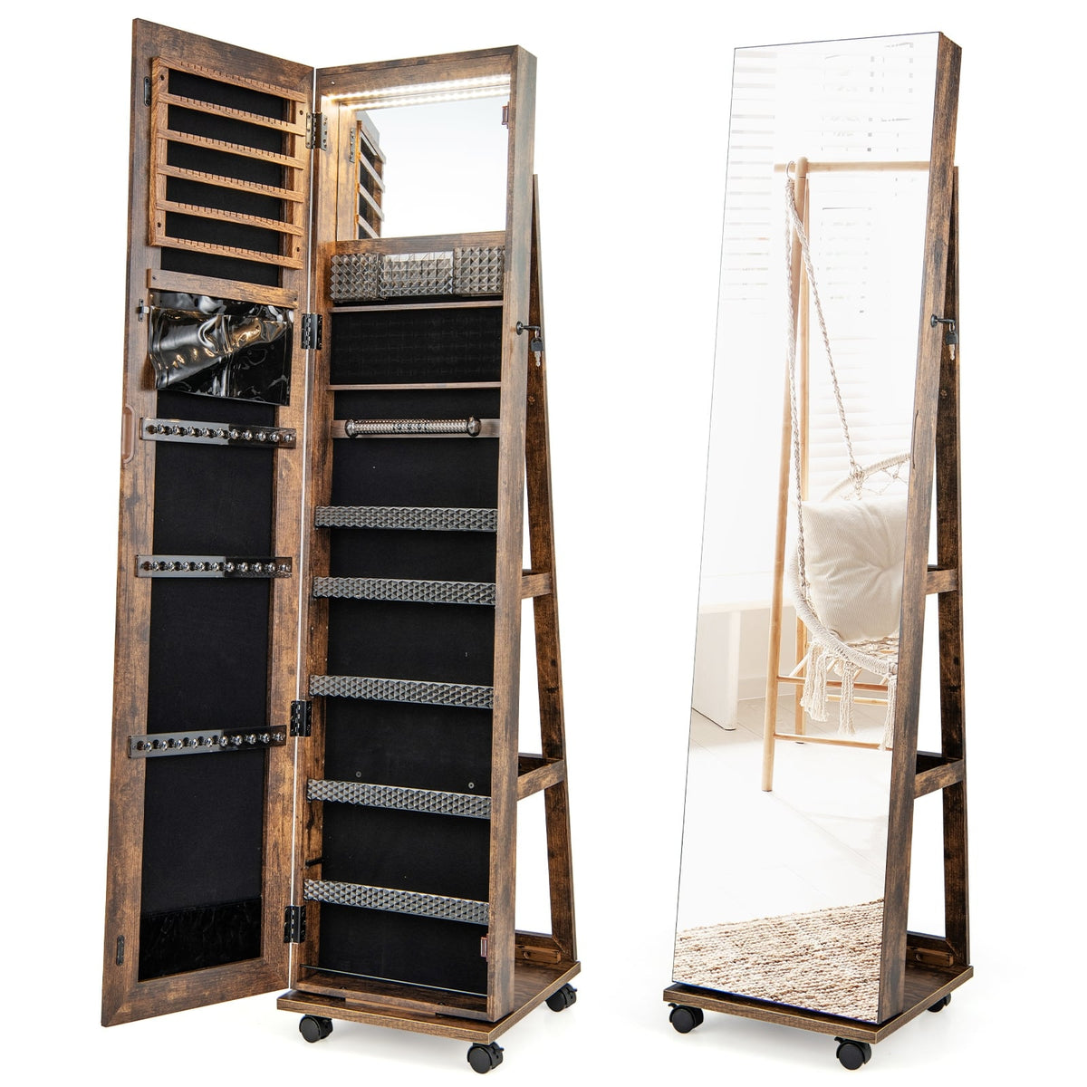 64 Inches Lockable Jewelry Cabinet Armoire with Built-in Makeup Mirror-Coffee-Jewelry Armoires-DECOROLALA