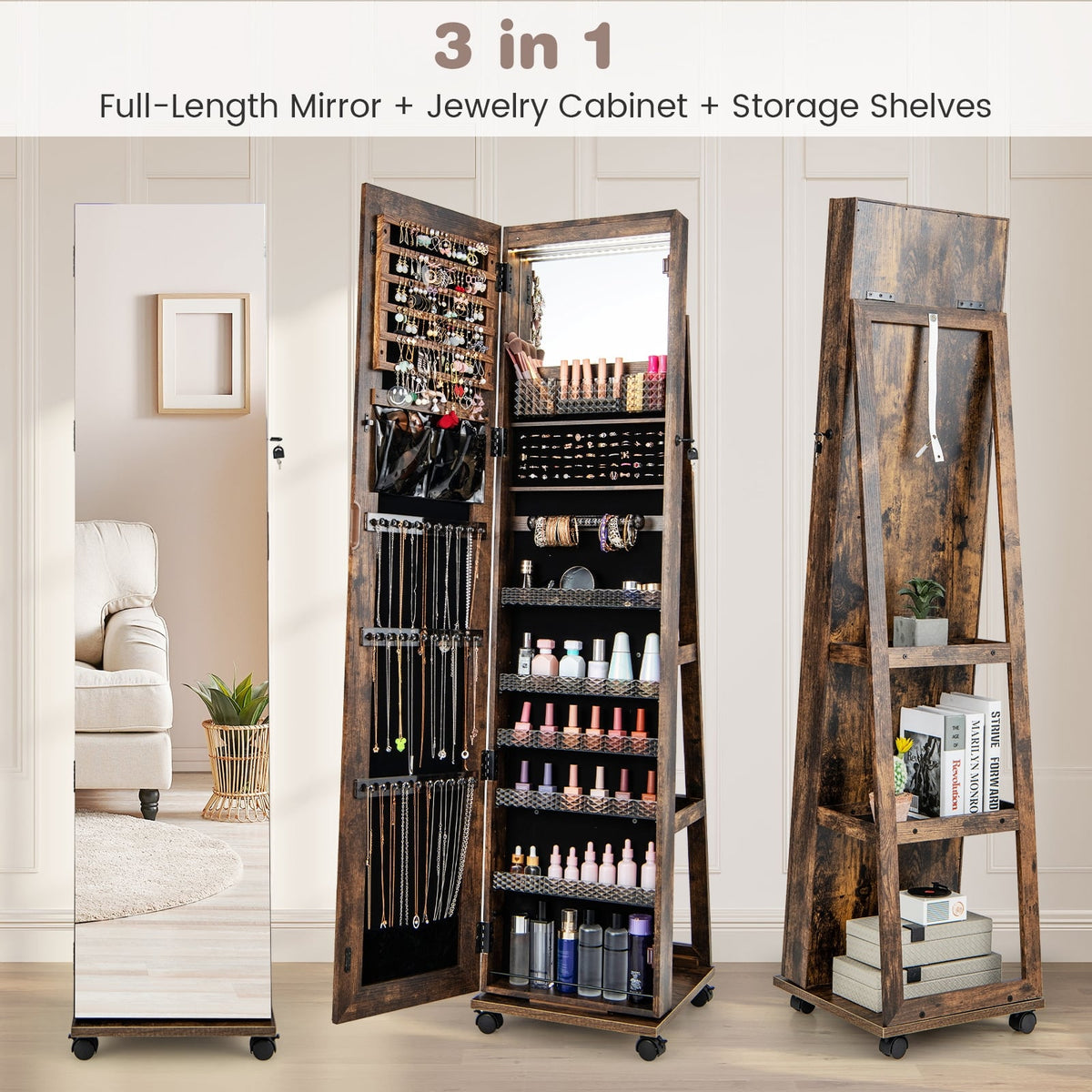 64 Inches Lockable Jewelry Cabinet Armoire with Built-in Makeup Mirror-Coffee-Jewelry Armoires-DECOROLALA