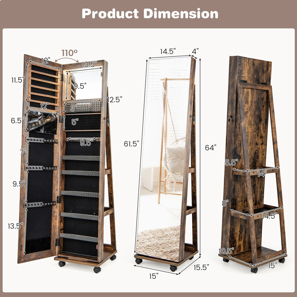 64 Inches Lockable Jewelry Cabinet Armoire with Built-in Makeup Mirror-Coffee-Jewelry Armoires-DECOROLALA