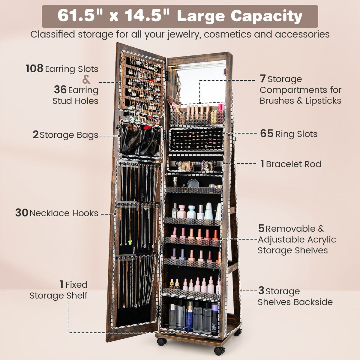 64 Inches Lockable Jewelry Cabinet Armoire with Built-in Makeup Mirror-Coffee-Jewelry Armoires-DECOROLALA