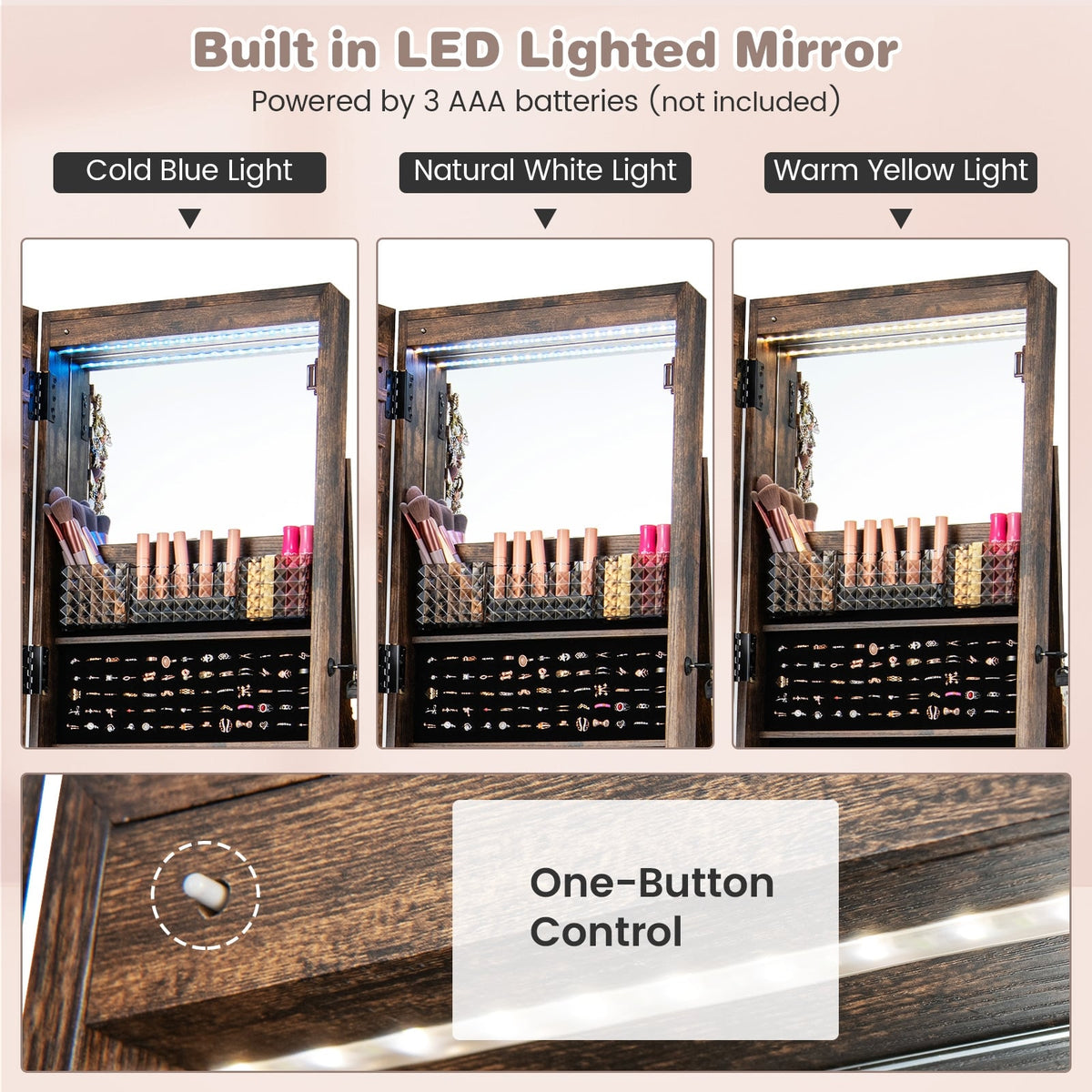 64 Inches Lockable Jewelry Cabinet Armoire with Built-in Makeup Mirror-Coffee-Jewelry Armoires-DECOROLALA