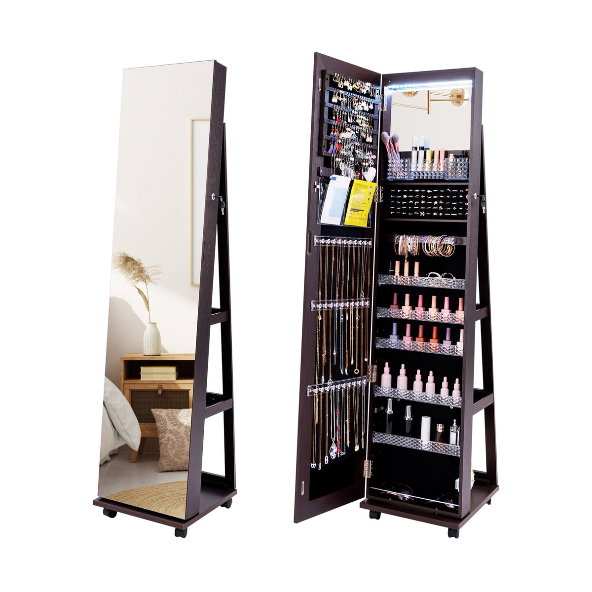 64 Inches Lockable Jewelry Cabinet Armoire with Built-in Makeup Mirror-Purple-Jewelry Armoires-DECOROLALA