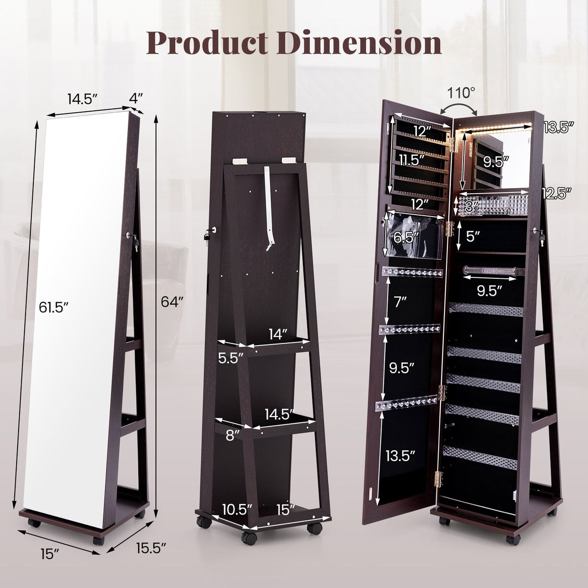 64 Inches Lockable Jewelry Cabinet Armoire with Built-in Makeup Mirror-Purple-Jewelry Armoires-DECOROLALA