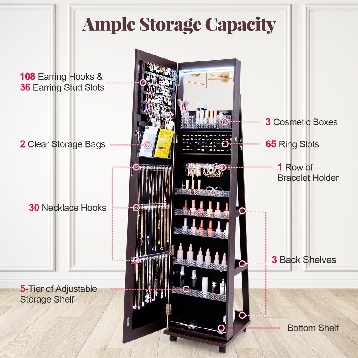 64 Inches Lockable Jewelry Cabinet Armoire with Built-in Makeup Mirror-Purple-Jewelry Armoires-DECOROLALA