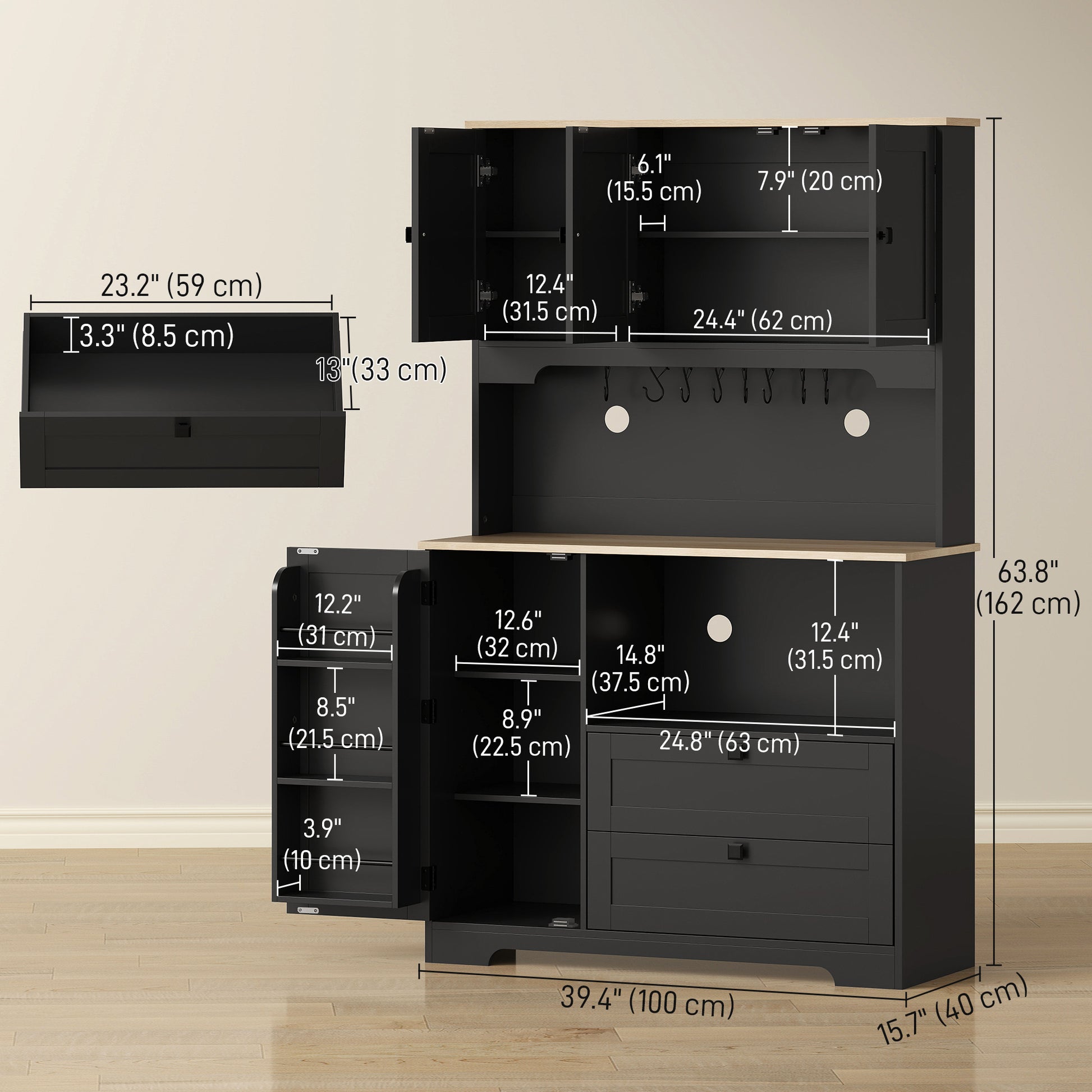 64" Kitchen Cabinet, 3 Cabinets, 2 Drawers, Adjustable Shelves, Black-DECOROLALA