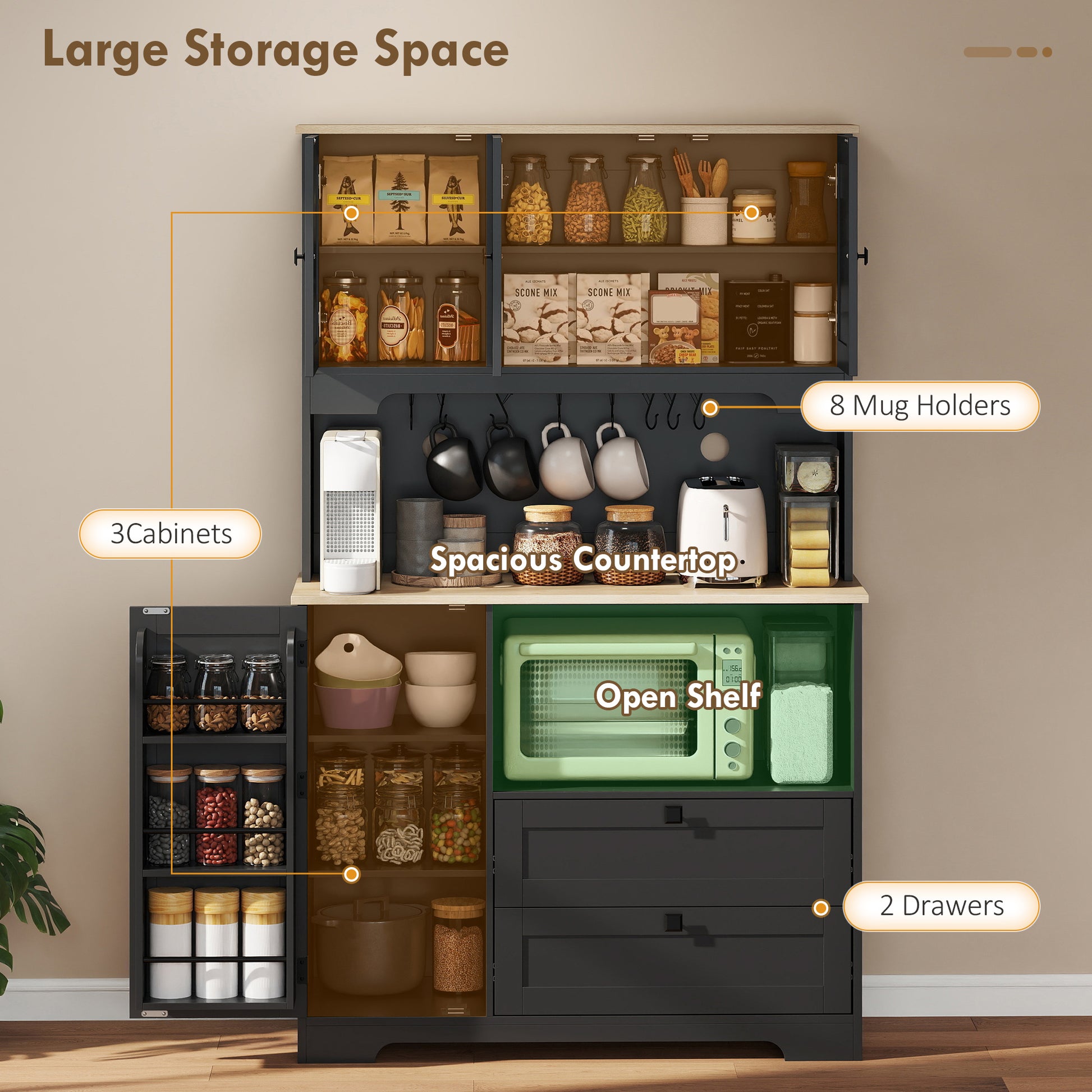 64" Kitchen Cabinet, 3 Cabinets, 2 Drawers, Adjustable Shelves, Black-DECOROLALA