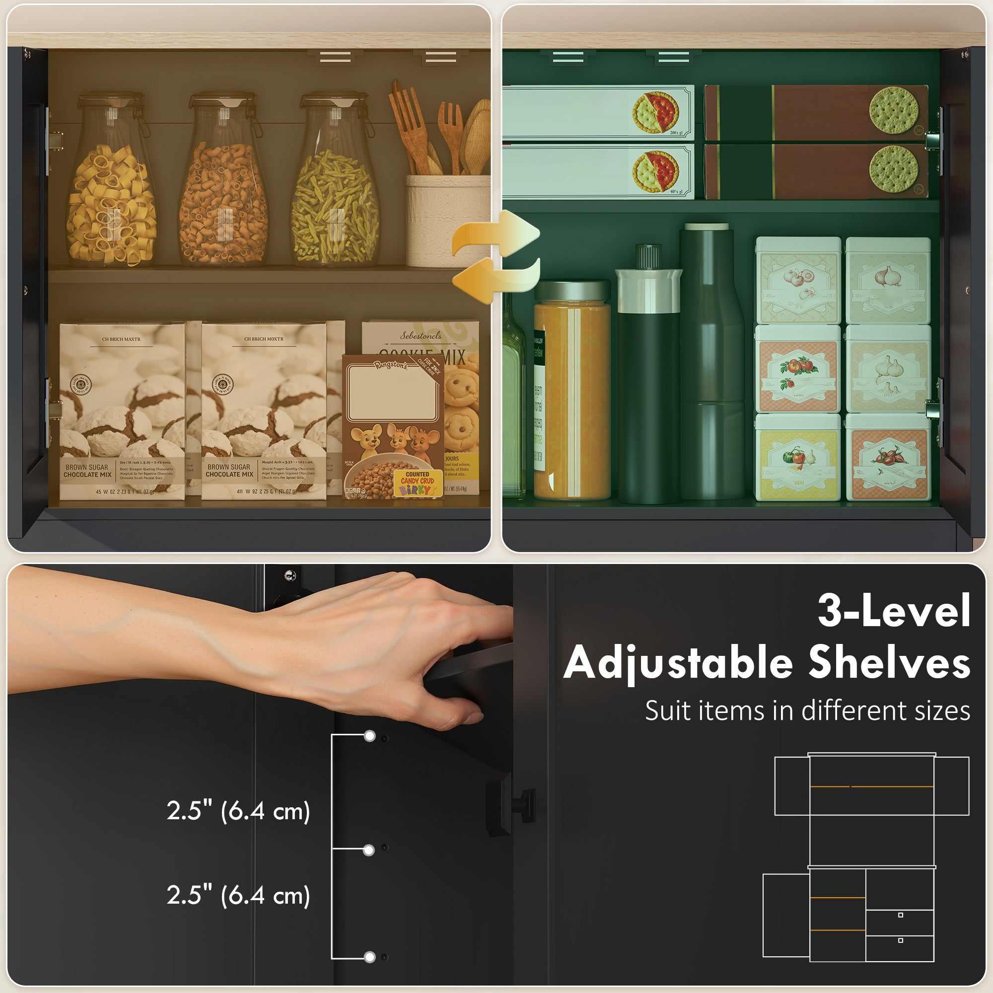 64" Kitchen Cabinet, 3 Cabinets, 2 Drawers, Adjustable Shelves, Black-DECOROLALA