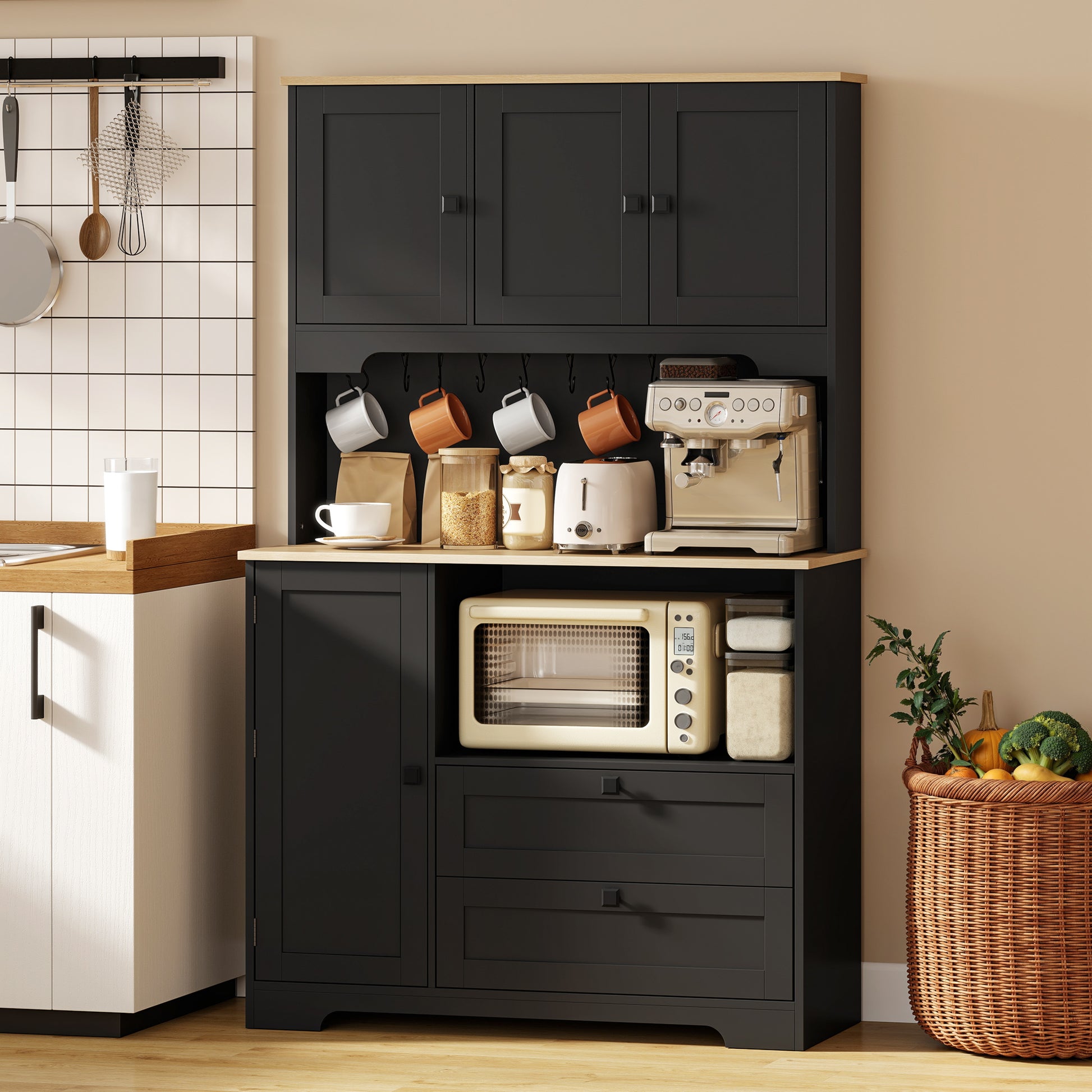 64" Kitchen Cabinet, 3 Cabinets, 2 Drawers, Adjustable Shelves, Black-DECOROLALA