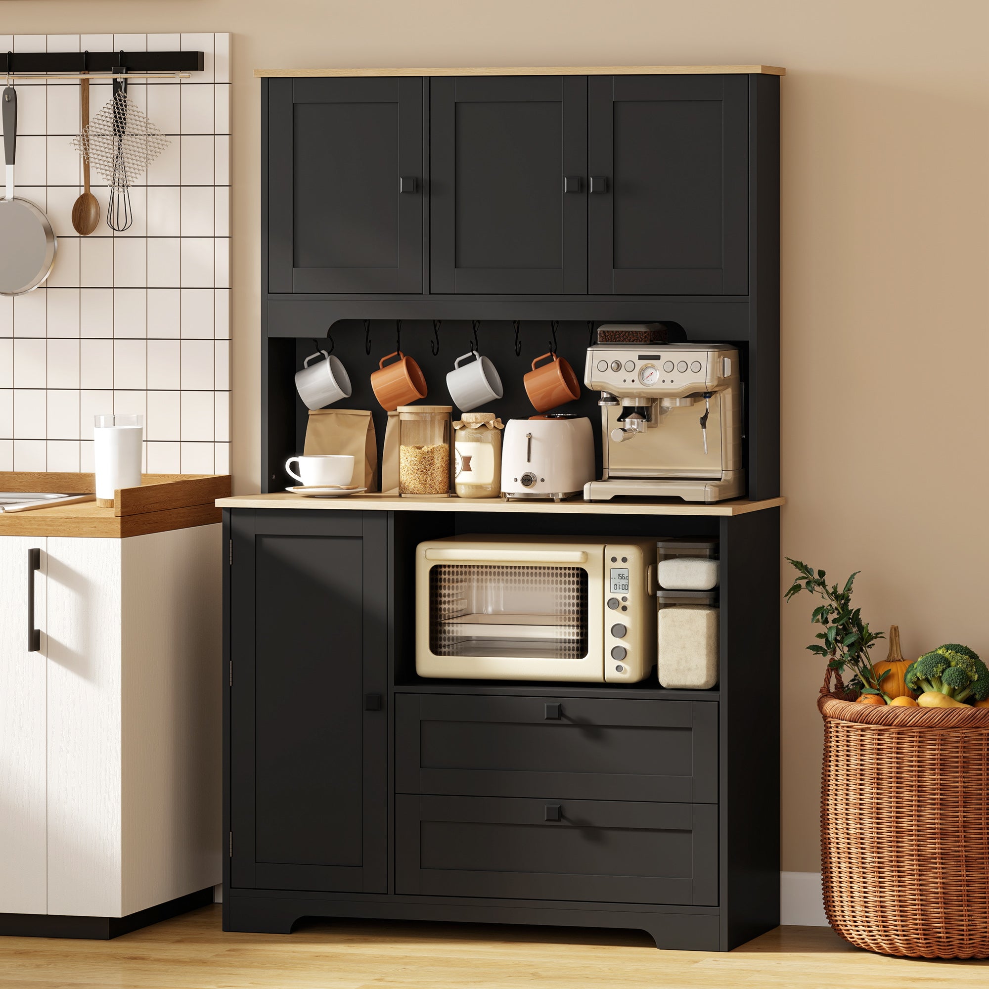 64" Kitchen Cabinet, 3 Cabinets, 2 Drawers, Adjustable Shelves, Black-DECOROLALA