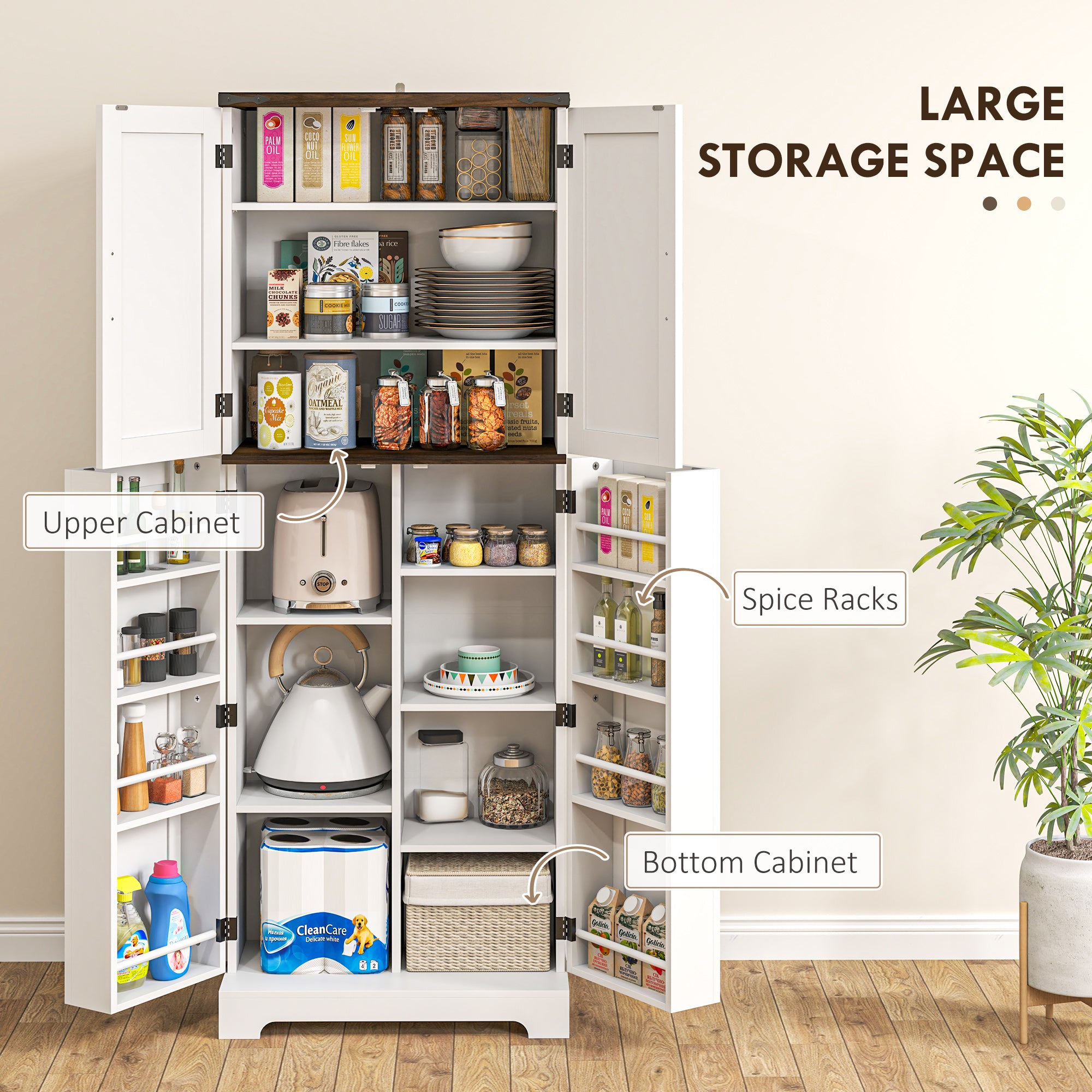 64" Kitchen Pantry Cabinet - White with Spice Racks, Adjustable Shelves-DECOROLALA