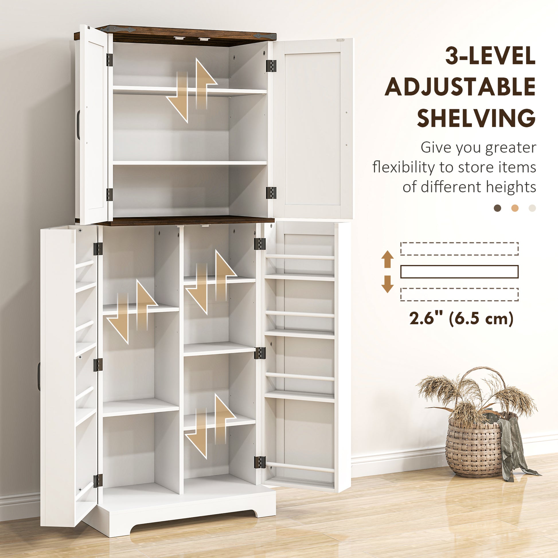 64" Kitchen Pantry Cabinet - White with Spice Racks, Adjustable Shelves-DECOROLALA