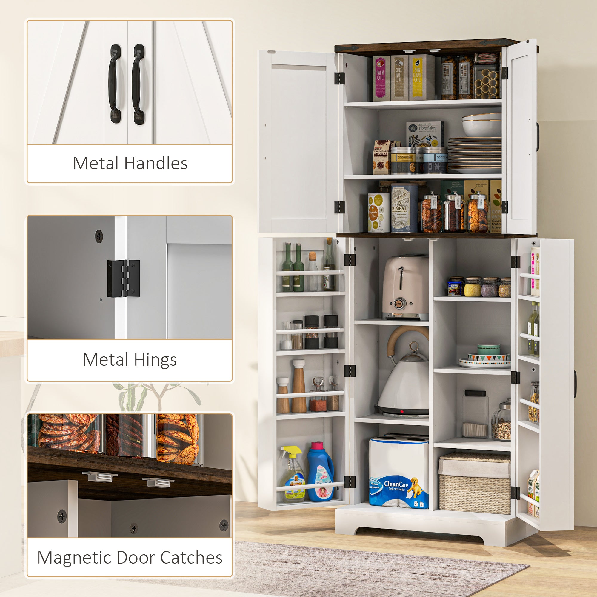 64" Kitchen Pantry Cabinet - White with Spice Racks, Adjustable Shelves-DECOROLALA