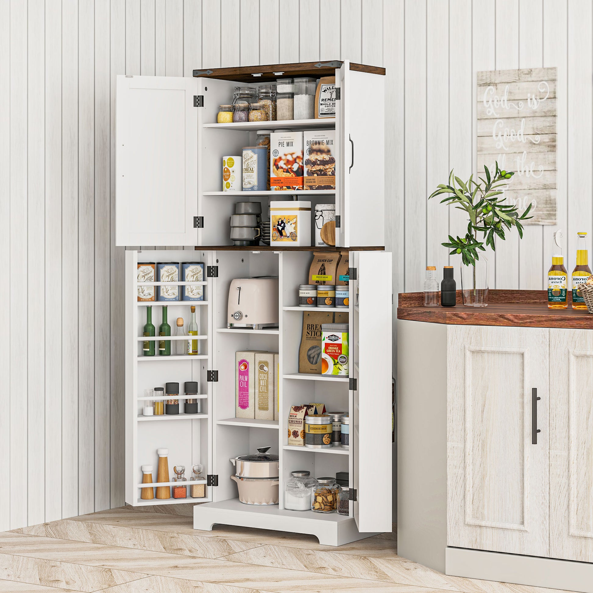 64" Kitchen Pantry Cabinet - White with Spice Racks, Adjustable Shelves-DECOROLALA