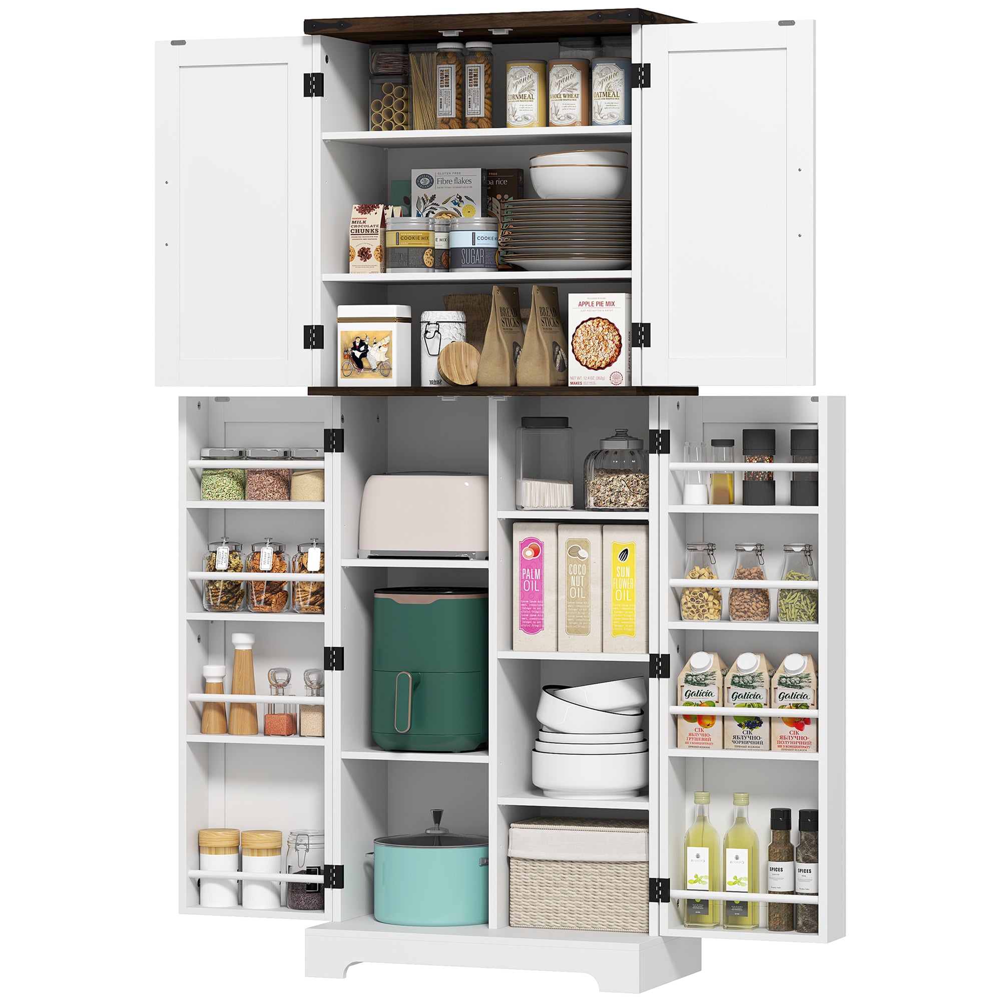 64" Kitchen Pantry Cabinet - White with Spice Racks, Adjustable Shelves-DECOROLALA