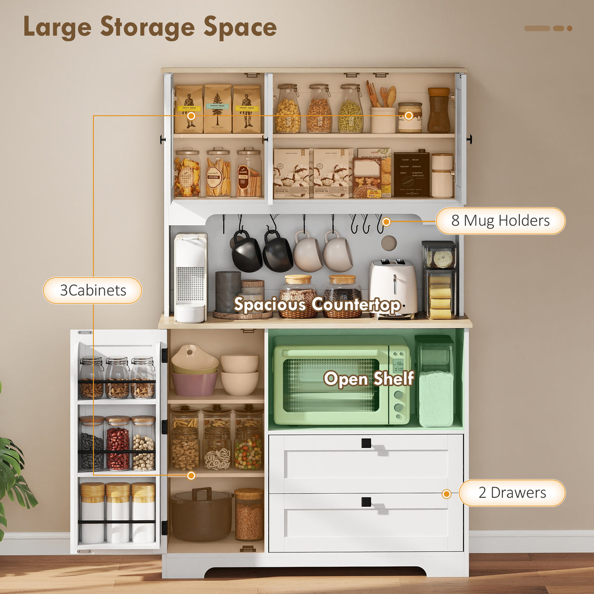 64" Kitchen Pantry Cabinet with Microwave Stand - White-Home Furnishings > Storage & Organization > Kitchen Pantry Cabinets-DECOROLALA