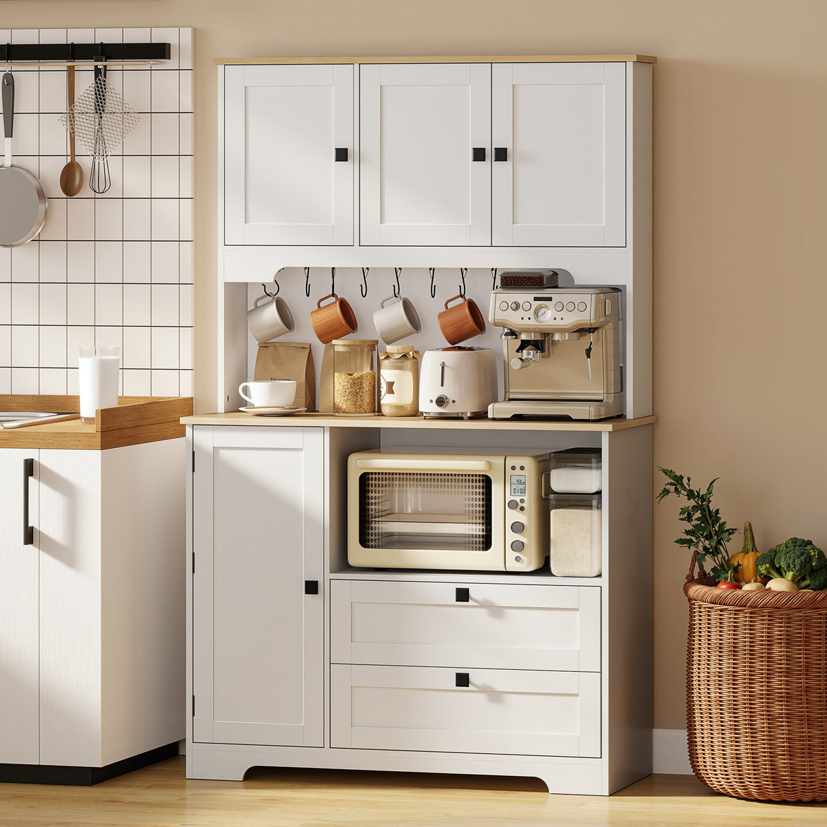 64" Kitchen Pantry Cabinet with Microwave Stand - White-Home Furnishings > Storage & Organization > Kitchen Pantry Cabinets-DECOROLALA