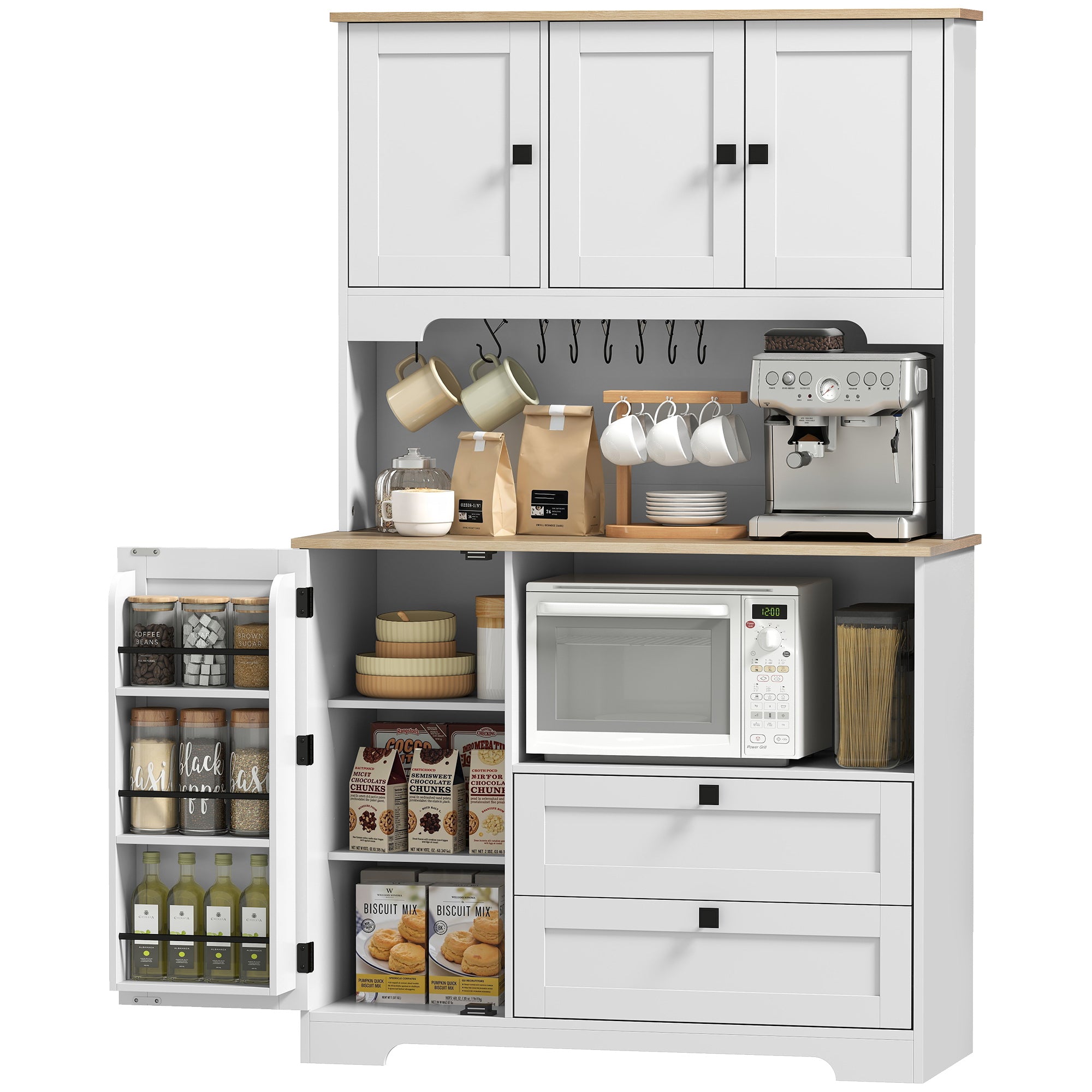64" Kitchen Pantry Cabinet with Microwave Stand - White-Home Furnishings > Storage & Organization > Kitchen Pantry Cabinets-DECOROLALA