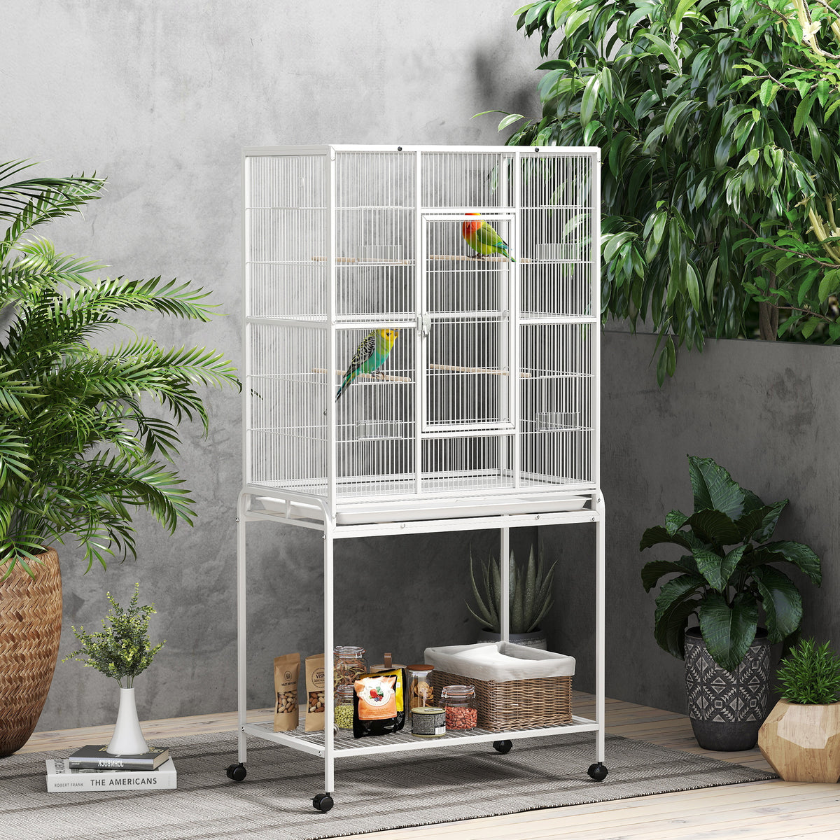 64" Large Rolling Bird Cage with Detachable Stand - White-Bird Supplies-DECOROLALA