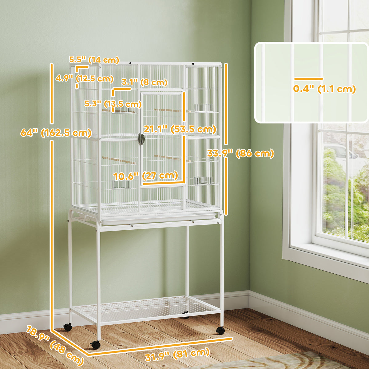 64" Large Rolling Bird Cage with Detachable Stand - White-Birds-DECOROLALA