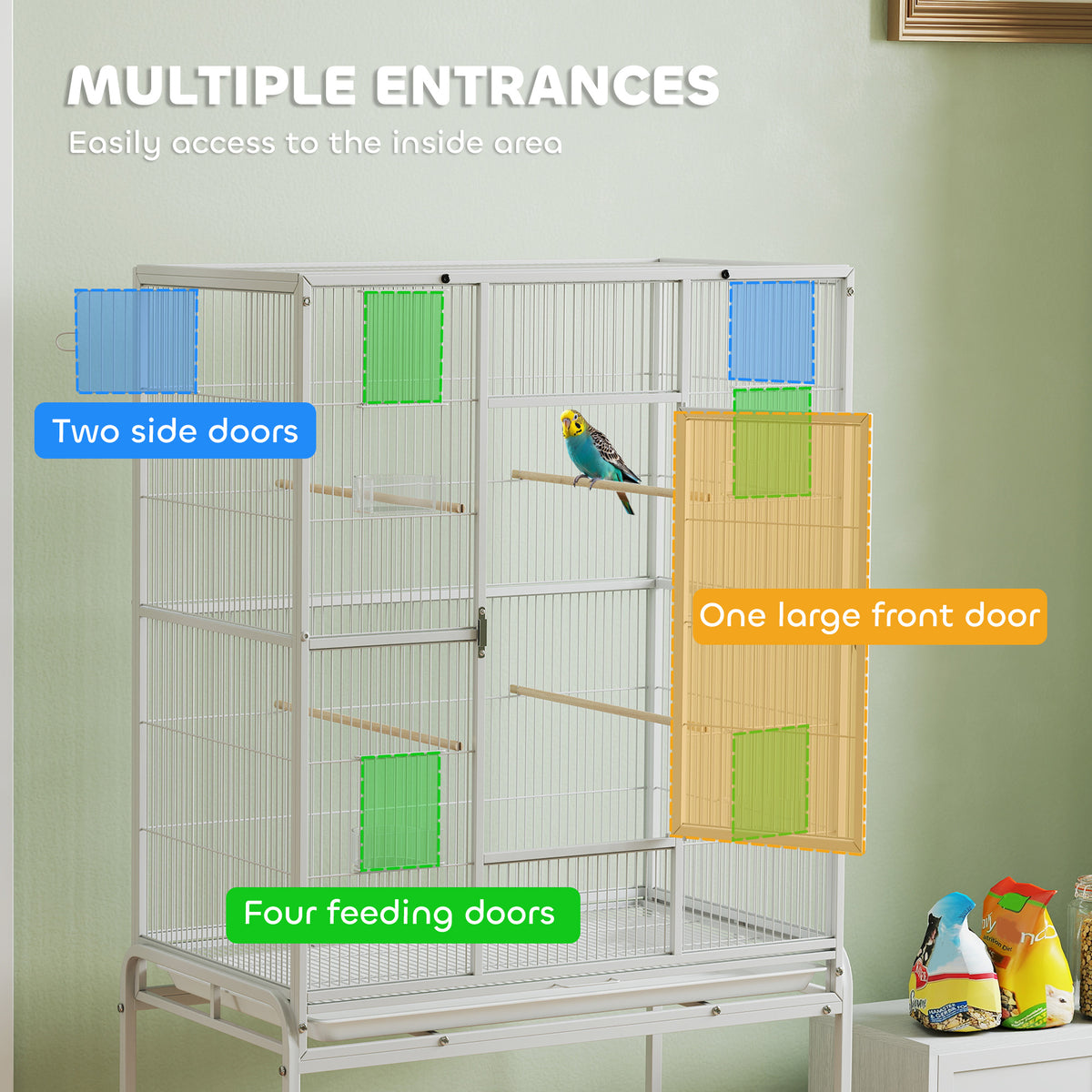 64" Large Rolling Bird Cage with Detachable Stand - White-Birds-DECOROLALA