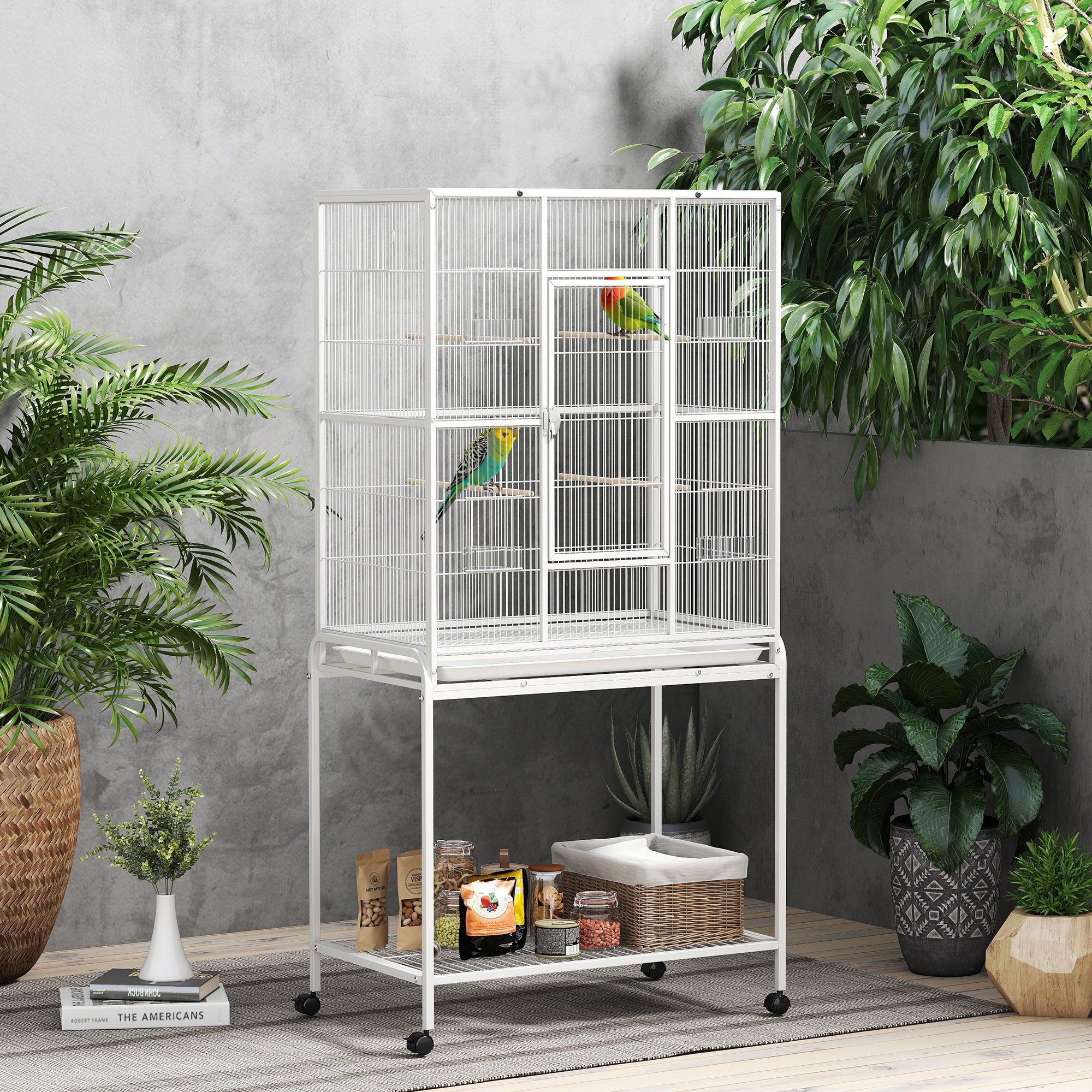 64" Large Rolling Bird Cage with Detachable Stand - White-Birds-DECOROLALA