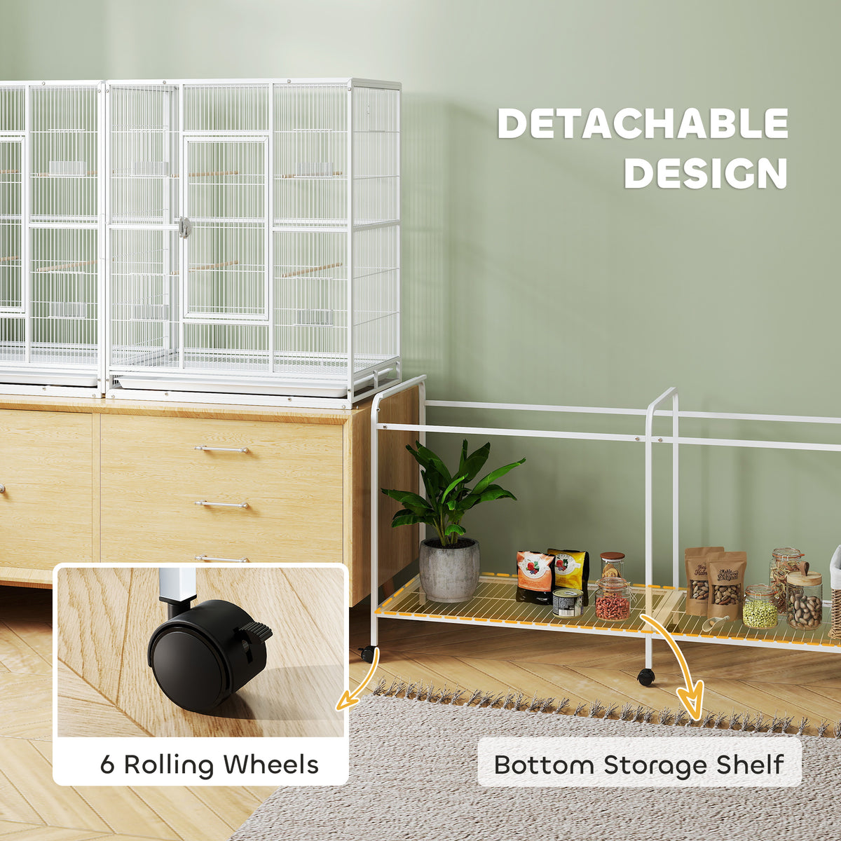 64" Rolling Bird Cage with Detachable Stand - White-Birds-DECOROLALA
