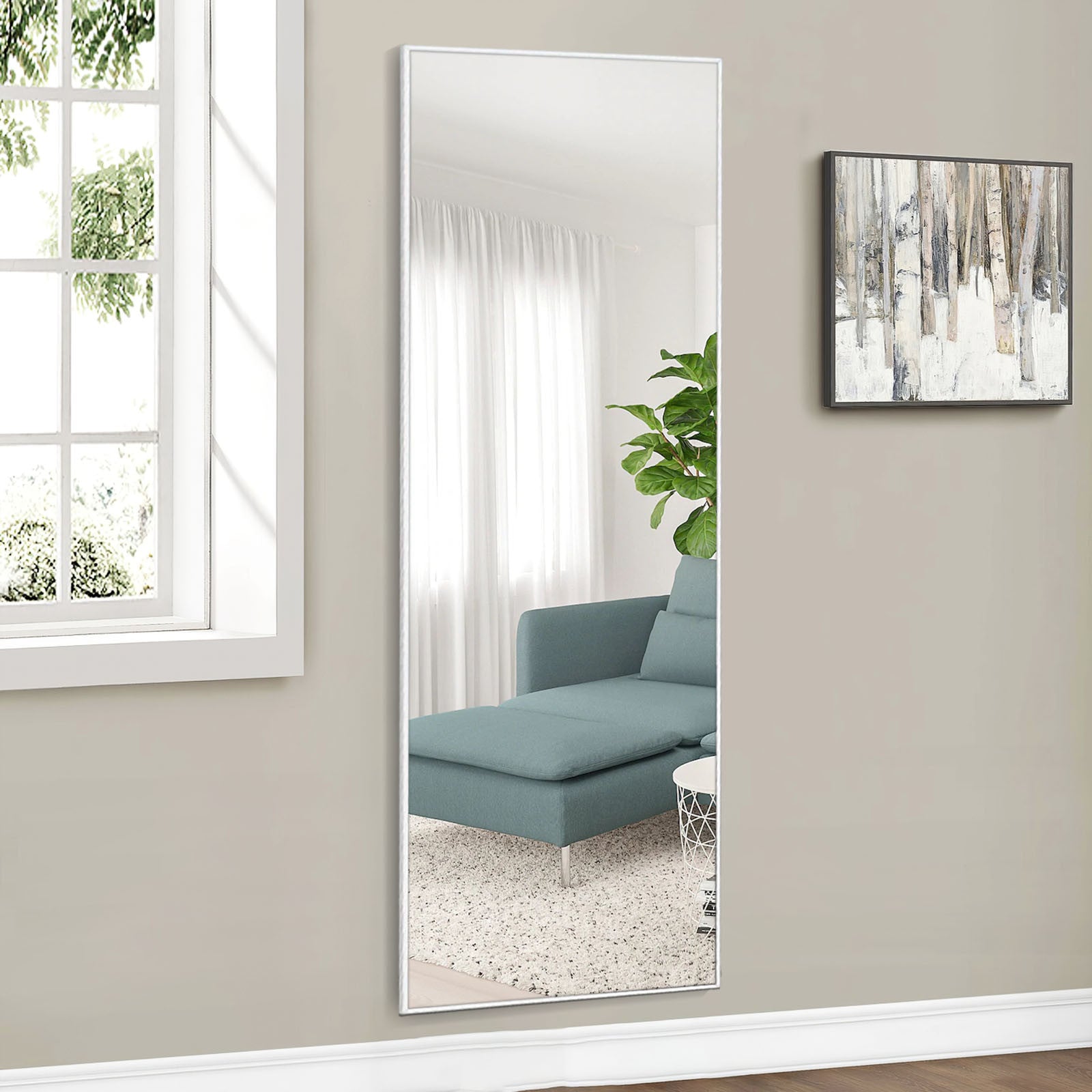 64" Silver Metal Wall Mounted And Freestanding Framed Accent Mirror-Mirrors-DECOROLALA