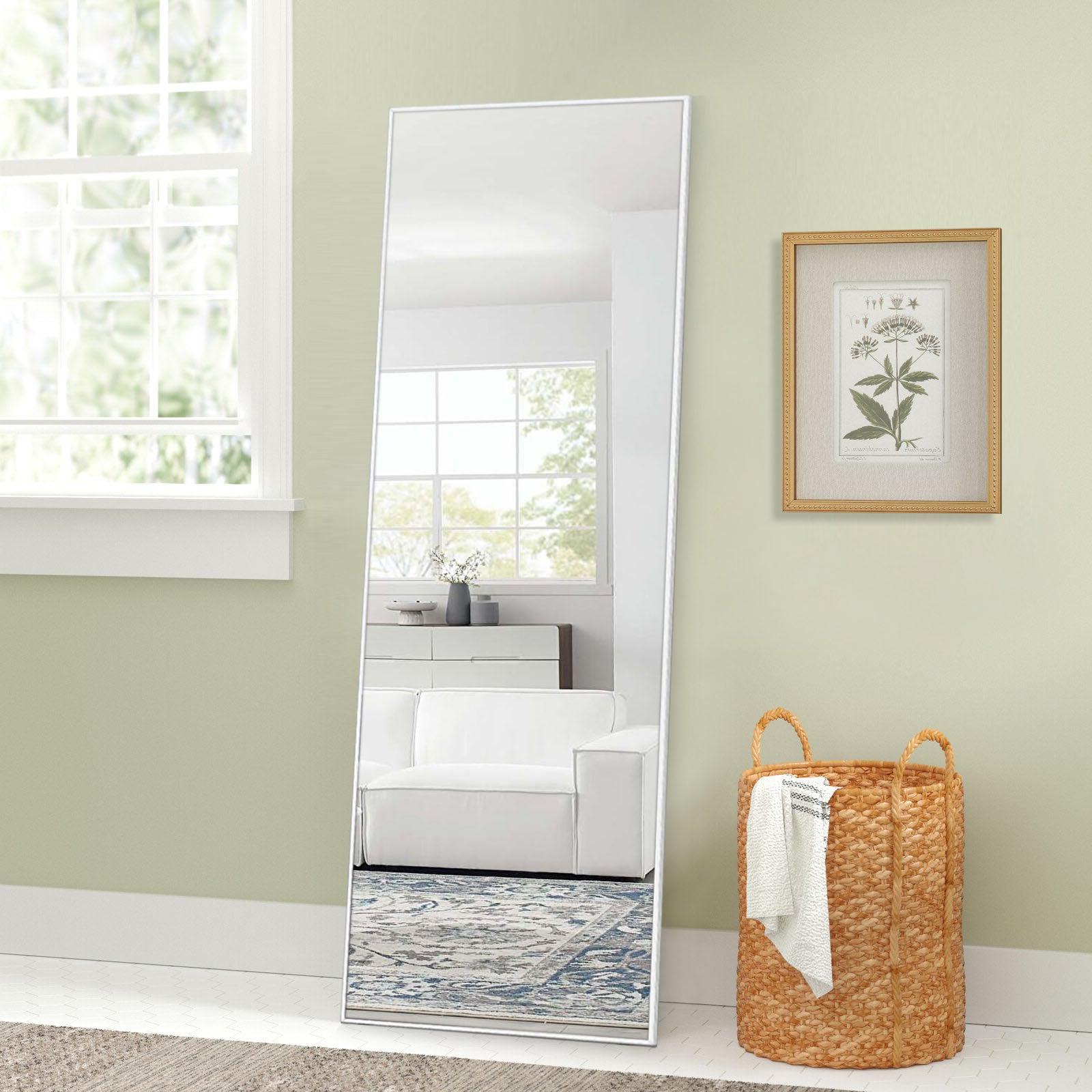 64" Silver Metal Wall Mounted And Freestanding Framed Accent Mirror-Mirrors-DECOROLALA