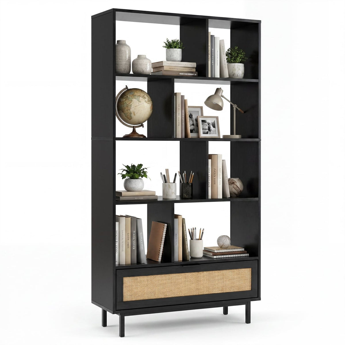64 inch 6-Tier Tall Wooden Bookcase with 8 Open Cubes-Black-Bookcases-DECOROLALA