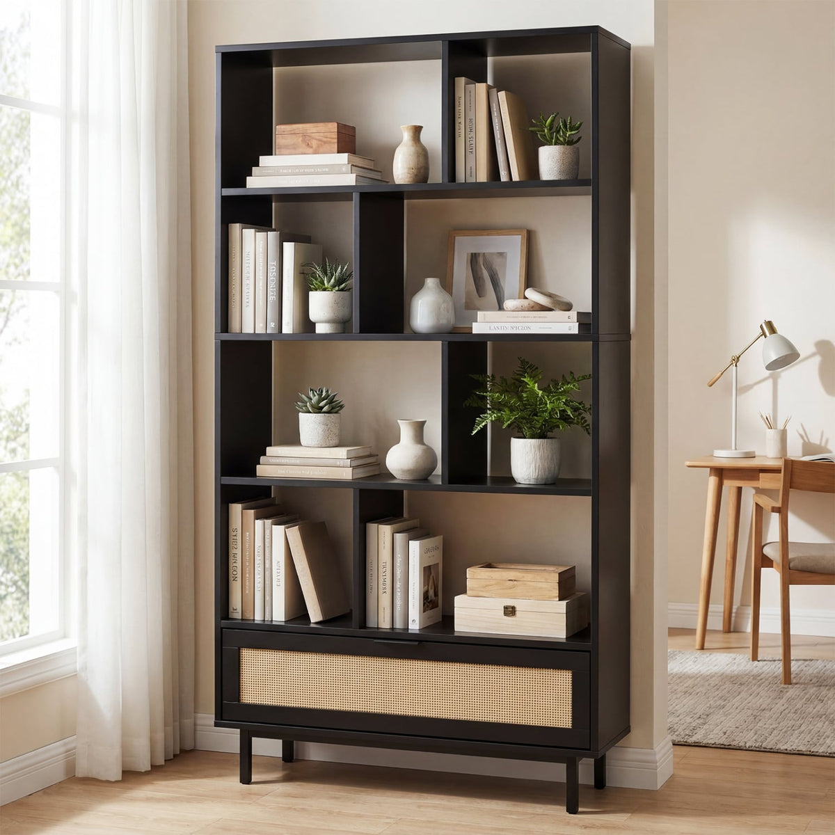 64 inch 6-Tier Tall Wooden Bookcase with 8 Open Cubes-Black-Bookcases-DECOROLALA