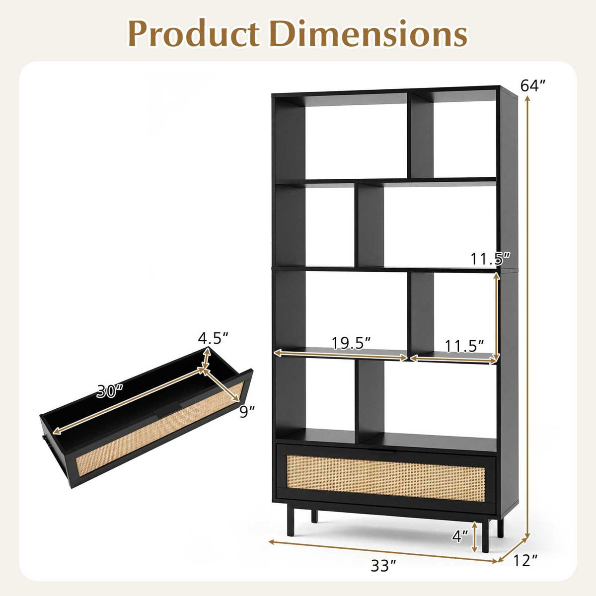 64 inch 6-Tier Tall Wooden Bookcase with 8 Open Cubes-Black-Bookcases-DECOROLALA