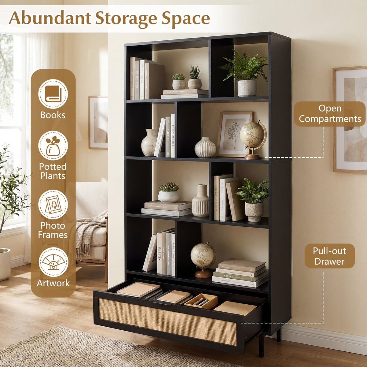 64 inch 6-Tier Tall Wooden Bookcase with 8 Open Cubes-Black-Bookcases-DECOROLALA