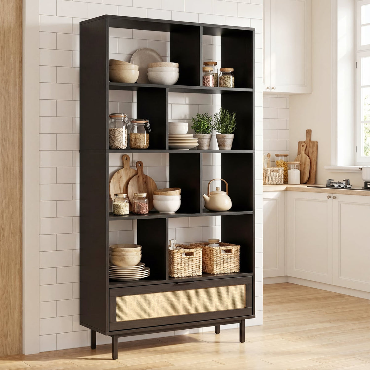 64 inch 6-Tier Tall Wooden Bookcase with 8 Open Cubes-Black-Bookcases-DECOROLALA