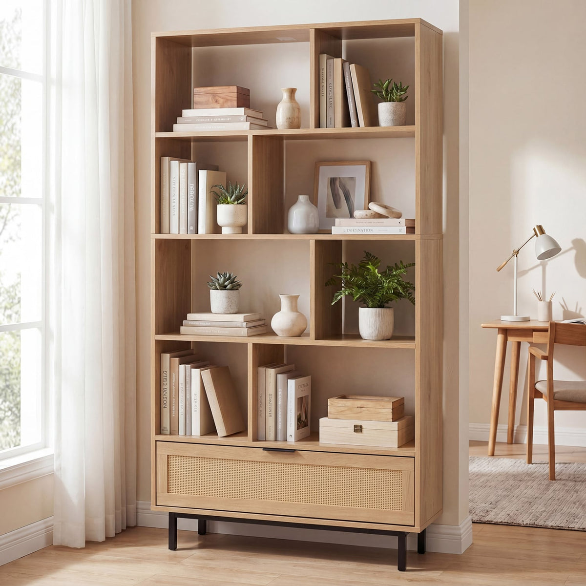 64 inch 6-Tier Tall Wooden Bookcase with 8 Open Cubes-Natural-Bookcases-DECOROLALA