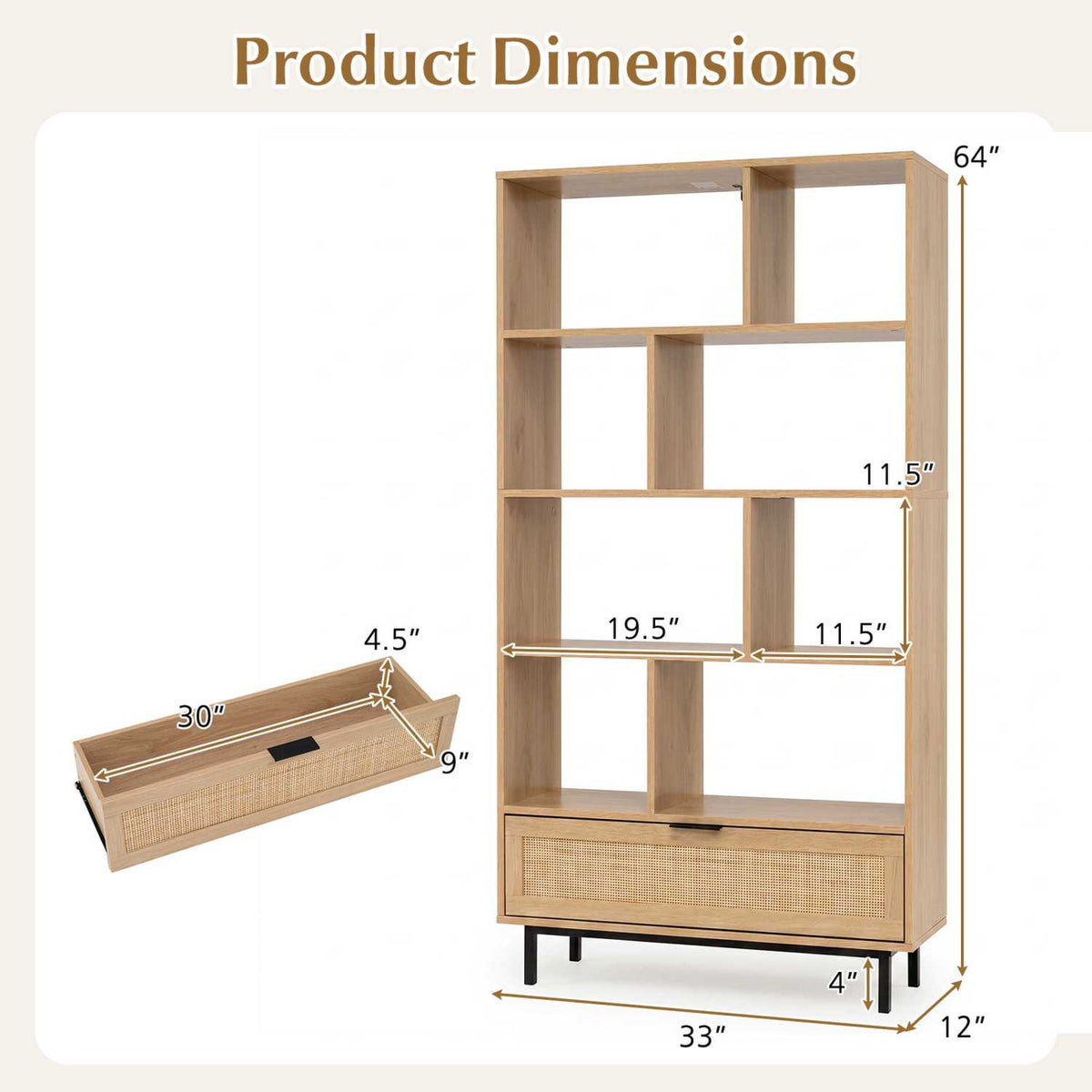 64 inch 6-Tier Tall Wooden Bookcase with 8 Open Cubes-Natural-Bookcases-DECOROLALA