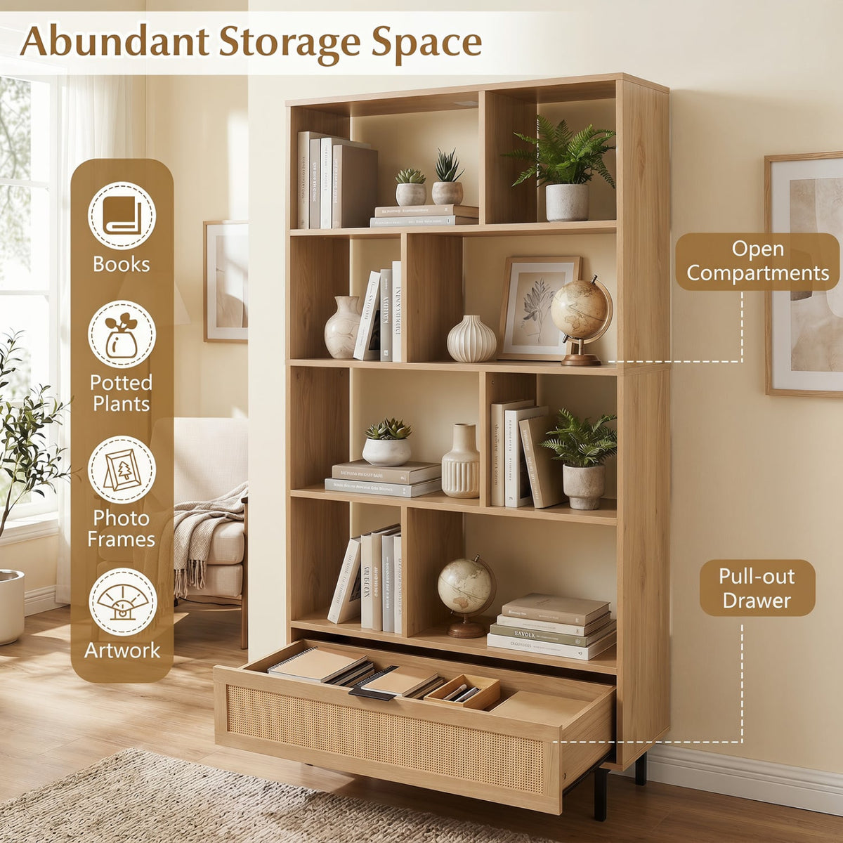64 inch 6-Tier Tall Wooden Bookcase with 8 Open Cubes-Natural-Bookcases-DECOROLALA