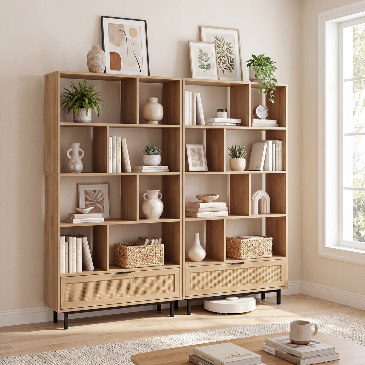 64 inch 6-Tier Tall Wooden Bookcase with 8 Open Cubes-Natural-Bookcases-DECOROLALA
